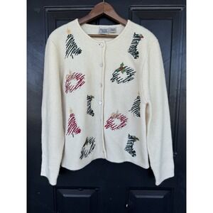 VTG Baxter Wells 100% Wool Embroidered Cardigan Sweater Christmas PL Petite L